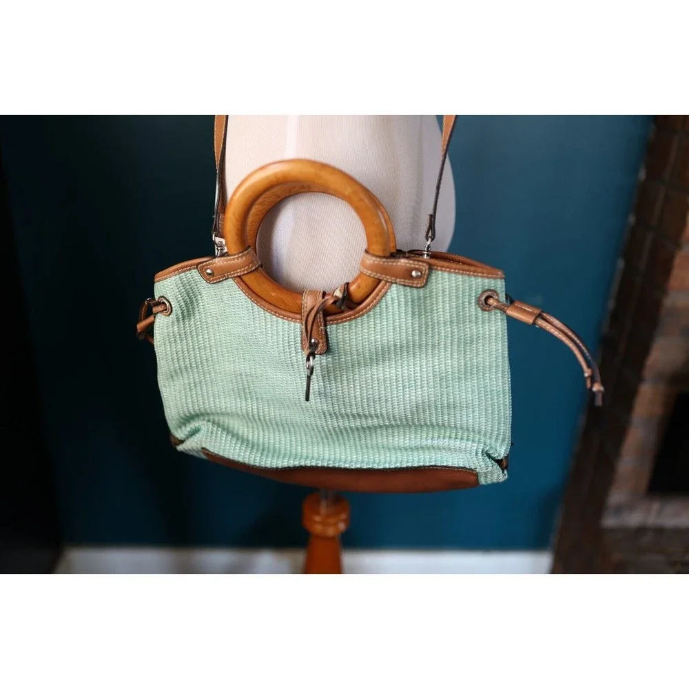 VTG Fossil 1954 Classic Seafoam Green Woven Rattan Wood Handles Strap Bag Purse